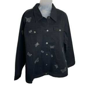 Vtg Quacker Factory Black Denim Jacket Butterflies Rhinestones L Western Granny
